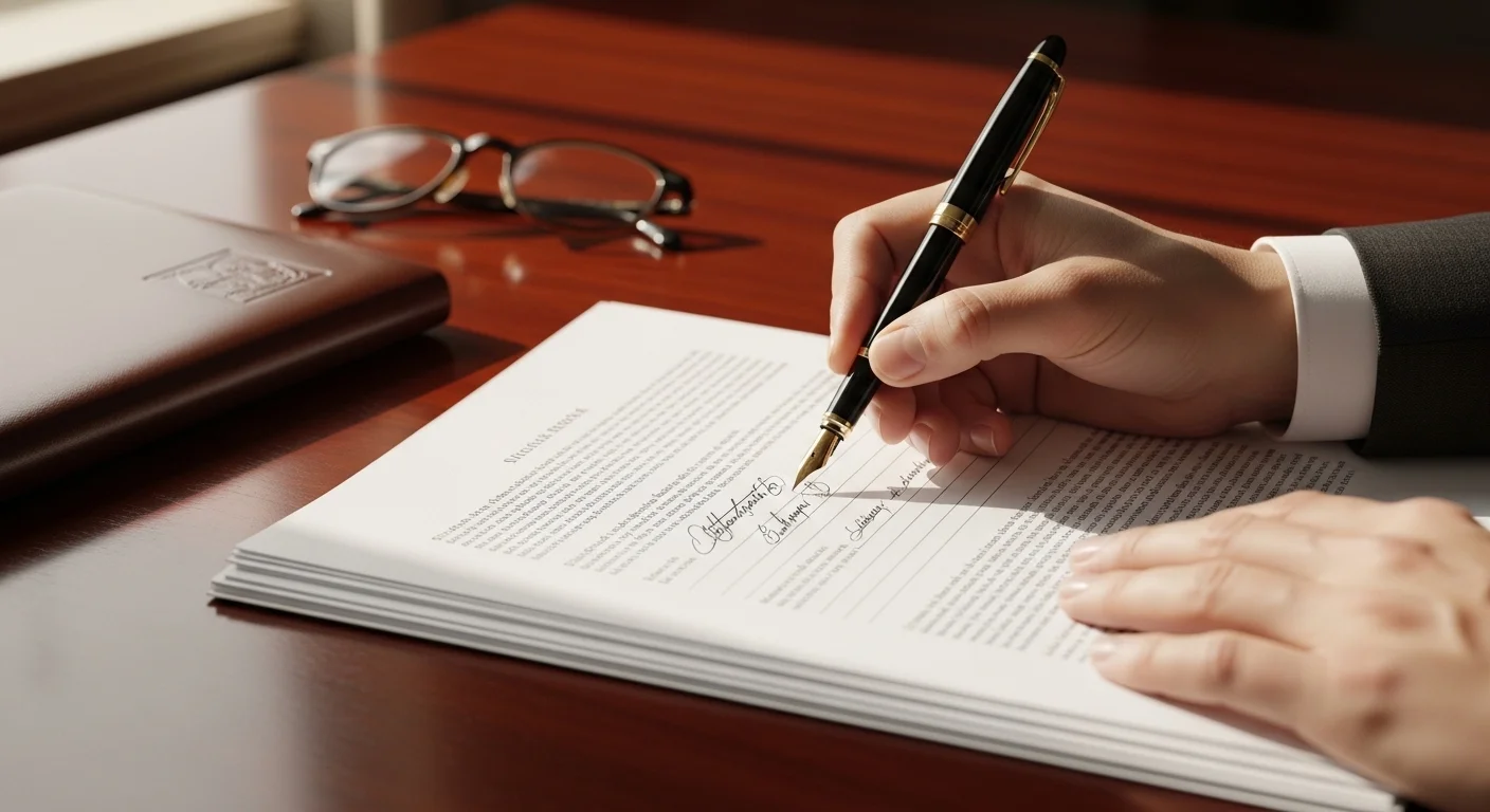Legal professional signing important documents on a mahogany desk