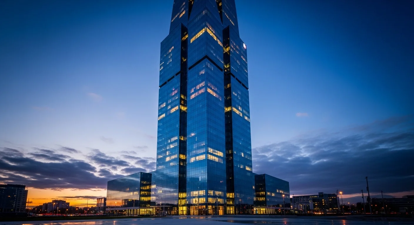 Law firm meeting room at night with city view